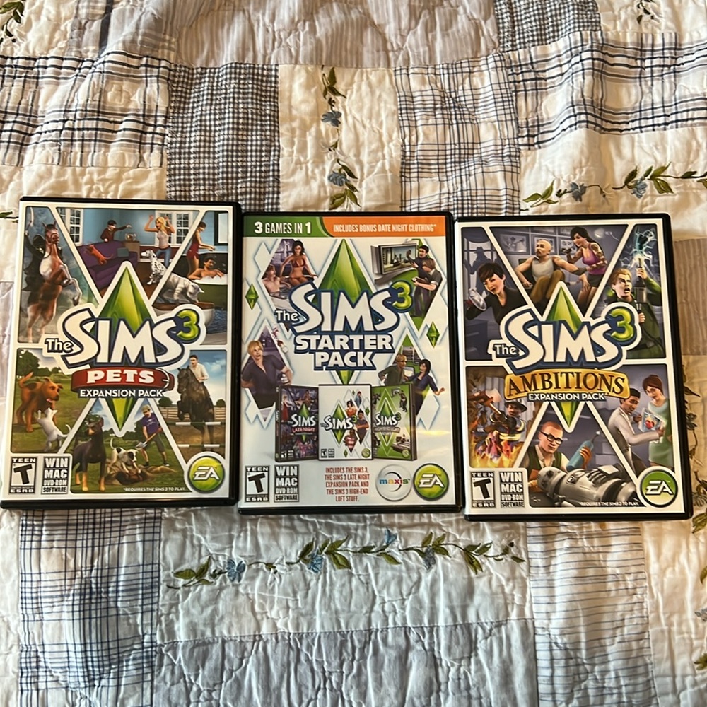 The Sims 3 starter pack, ambitions and pets expansion packs